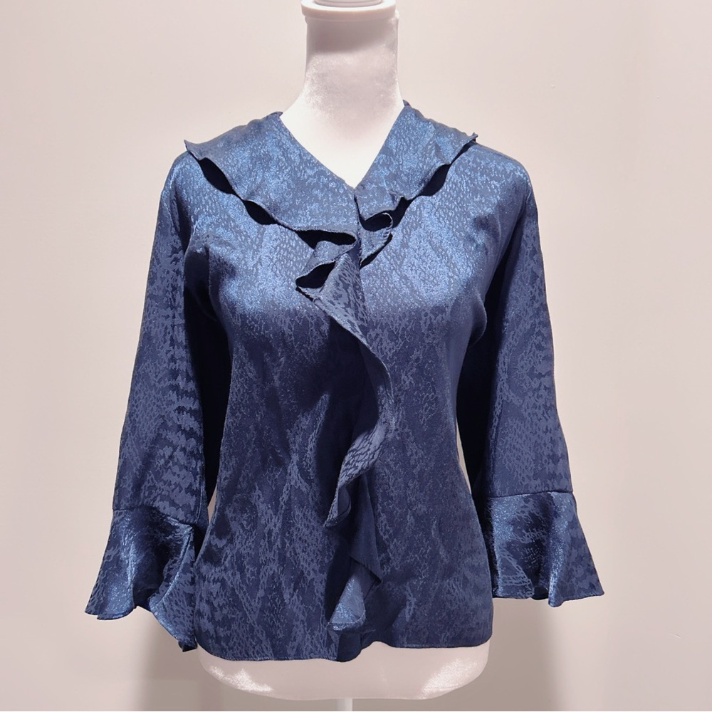 Investments Riley Petites Blue Satin Ruffle Elegant Shimmer Top - L